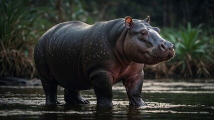 Hippo wading in water with a calm demeanor
