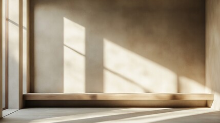Fototapeta premium Cozy Room Featuring a Rustic Wooden Bench Beneath a Bright Window Bathed in Natural Light Creating a Warm and Inviting Atmosphere Perfect for Relaxation and Contemplation in a Home Space