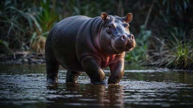 Hippo wading in water with a calm demeanor - Powered by Adobe