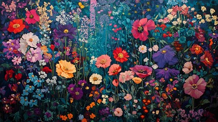 A vibrant and colorful painting depicting a field of blooming wildflowers