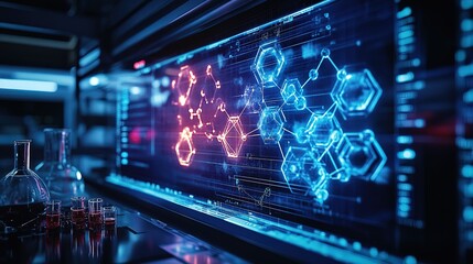 A glowing holographic interface displaying molecular models in a high-tech lab, futuristic and innovative 