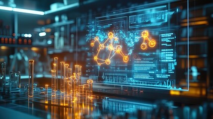 Obraz premium A glowing holographic interface displaying molecular models in a high-tech lab, futuristic and innovative 