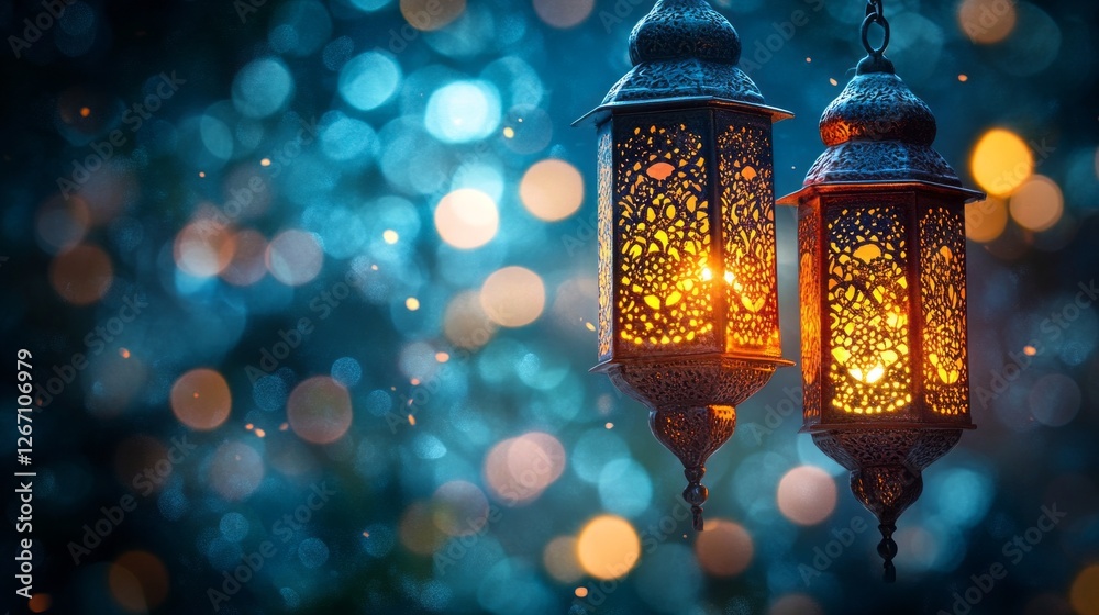 Aufkleber two intricately designed lanterns glow softly, casting warm light in a captivating bokeh background.
