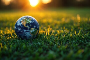 Miniature Earth on Grass at Sunset - Environmental Awareness Concept
