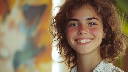 Fototapeta premium A woman with curly hair is smiling and looking at the camera