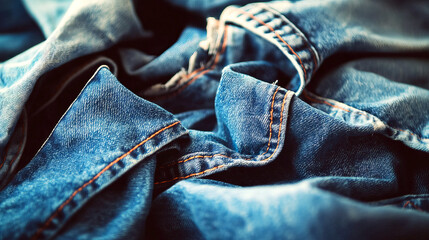 A close up of a pair of blue jeans with a red trim