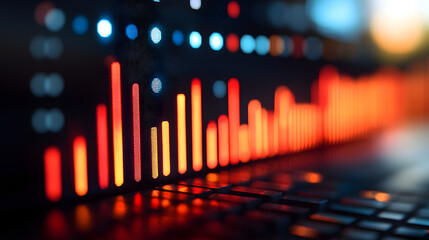 Data Dynamics: A dynamic visualization of stock market data, displayed on a computer screen, with glowing red and blue bars, suggesting a fluctuating market.