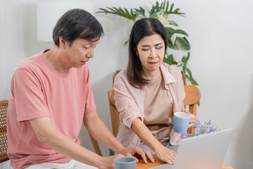 Mature couple collaborating on a laptop at home, discussing plans.