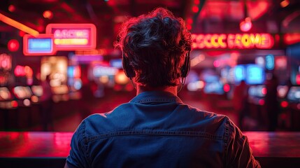 Obraz premium Person with headphones enjoying a vibrant gaming atmosphere in a neon-lit arcade filled with machines