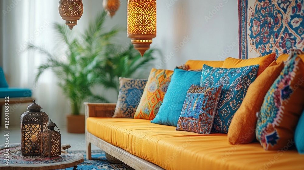 Poster a bright living room features an inviting orange sofa adorned with colorful cushions, surrounded by 