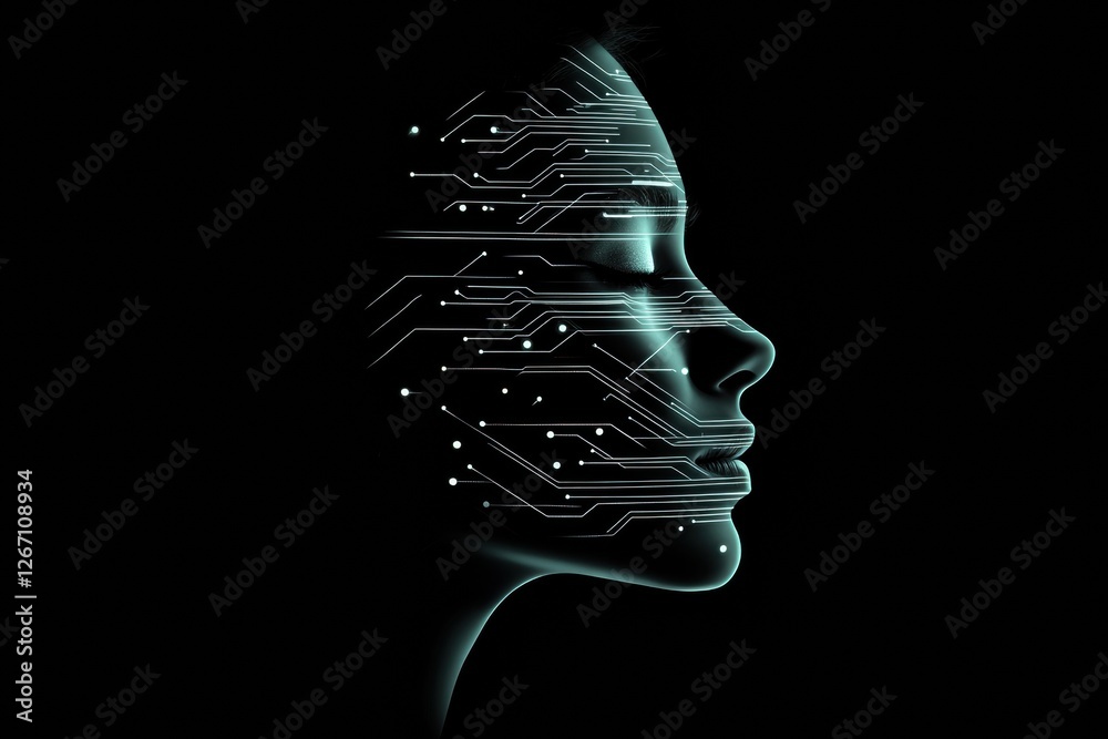 Poster Human face merging with glowing digital circuits illustrates the connection between technology and humanity in a dark environment. Generative AI