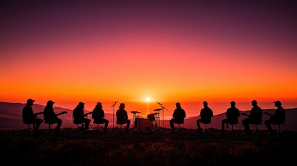 Fototapeta premium Group of people sitting on a hill at sunset with film crew silhouette and studio lighting details