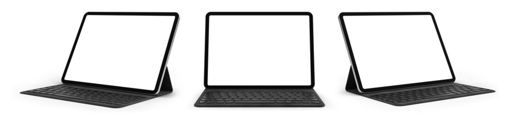 Tablet with typecover mockup isolated with transparent screen png in different viewing angles