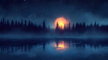 Fototapeta premium Enchanted Nightscape: A surreal depiction of a serene lake under a starry, moonlit sky, with silhouetted trees creating a captivating contrast. The scene is a symphony of cool blues and fiery oranges.