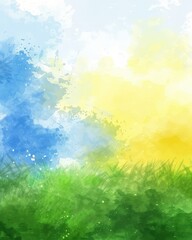 Fototapeta premium Watercolor painting of grass under a blue and yellow sky for nature designs