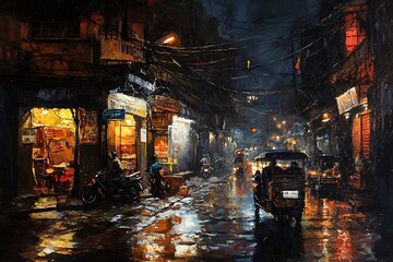 Obraz premium A vibrant city street at night, illuminated by shop lights and reflecting rain on the pavement.