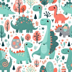 Obraz premium Playful Dinosaur Illustrations with Eggs and Trees in a Whimsical Cartoon Style