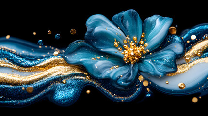 Celestial Bloom: A captivating composition showcasing an exquisite, stylized floral design in vibrant shades of teal and gold, against a dark backdrop. 