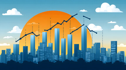 Obraz premium City Skyline with Business Charts: A stylized illustration of a city skyline with rising and falling business charts superimposed against a sunset sky, symbolizing market trends, growth.