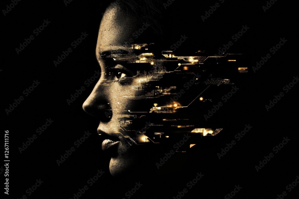 Fototapete Human face merges with glowing digital circuits to symbolize technology and identity in a dark setting. Generative AI