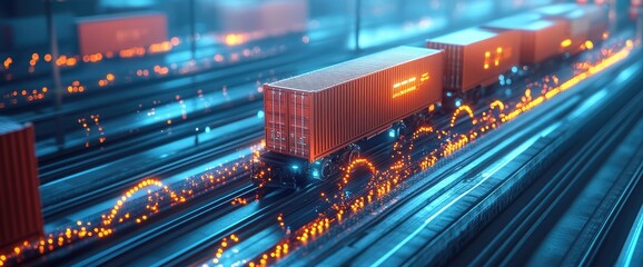 Automated freight train, digital tracks, futuristic logistics