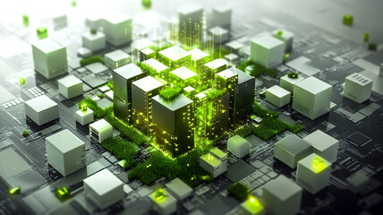 Futuristic cubes, digital data streams merging with factories, the fusion of technology and ecology, emphasizing the harmonious development of environment, society, and governance