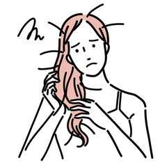 ダメージを受けた髪を触り困った顔をする綺麗な女性のイラスト