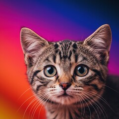 Adorable Tabby Cat Portrait Against Vibrant Gradient Background - Perfect for Pet Lovers and Animal Enthusiasts