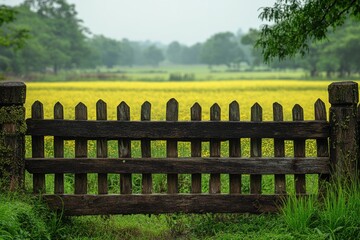 Weathered Wooden Fence Framing a Lush Yellow Flower Field Under Cloudy Sky