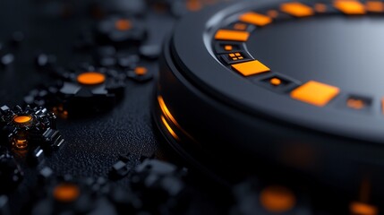 Luxurious 3D Render Of Digital Dashboard With Orange Glowing Lights in Black Background