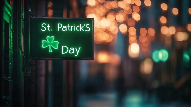 Illuminated St. Patrick's Day sign featuring a shamrock in a festive street setting