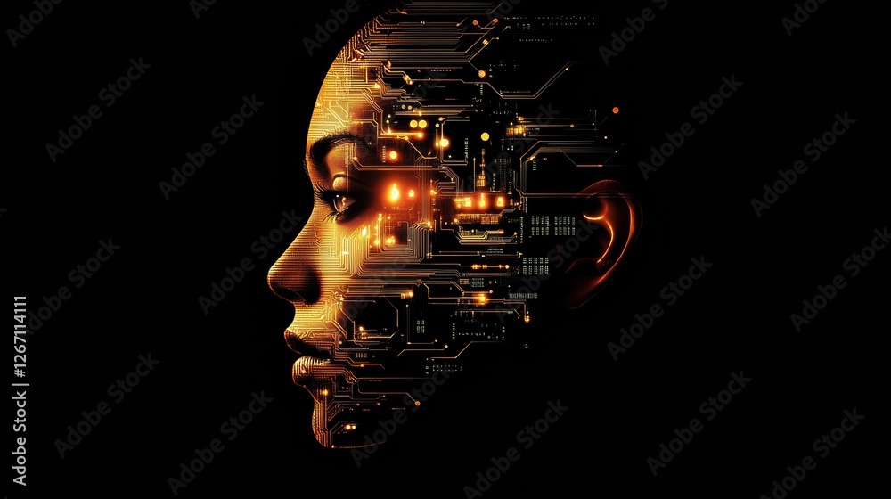 Poster human face merges with glowing digital circuits to illustrate the fusion of technology and humanity.