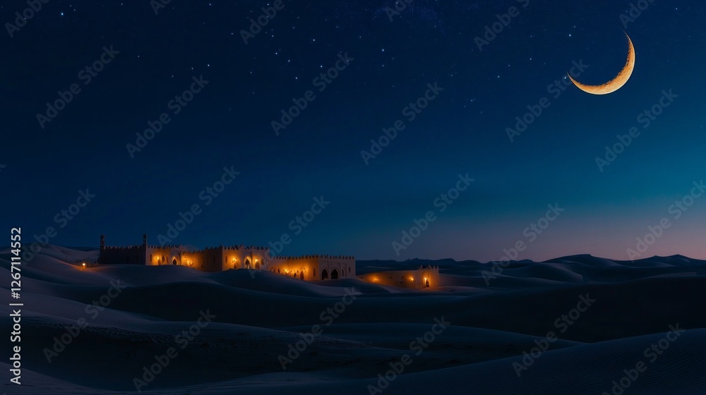 Poster warm lights from arabic lanterns softly glow against the tranquil backdrop of a desert night. the cr