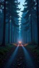 Obraz premium The road disappears into the dark forest's depths, twilight, forest, road