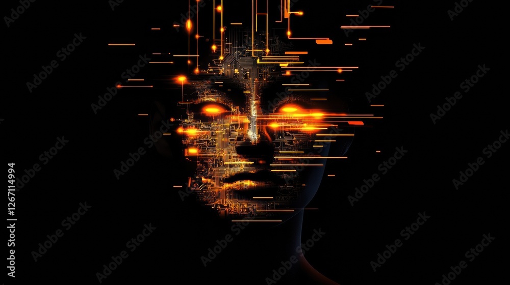 Aufkleber Human face merges with glowing digital circuits, creating a captivating display of technology and humanity in harmony. Generative AI