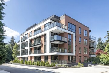 Modern brick apartment building, city street, sunny day, residential complex, real estate