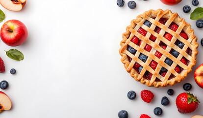 Mixed berry apple pie with a golden lattice crust. Surrounded by fresh blueberries, strawberries, and apples, creating a colorful and inviting scene for bakery ads and food blogs. Selective focus
