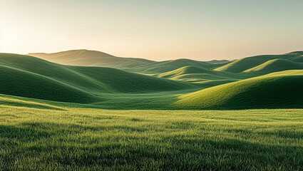 Obraz premium Green Hills Landscape, Rural Grassy Hills under a Hazy summer Sky. Soft Lighting Minimalism Background for Nature Panorama Wallpapre