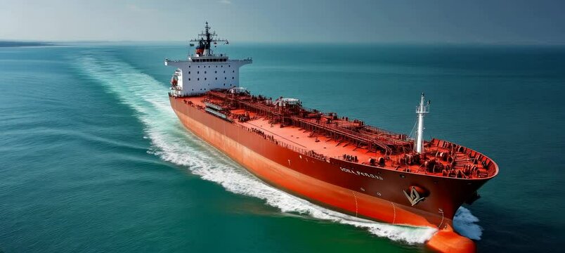 Gas energy tanker ship on ocean. Generative video AI technology.	
