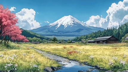 Fototapeta premium Serene landscape featuring a majestic mountain with snow-capped peak, vibrant flowers, and lush greenery