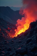 Obraz premium Smoldering embers illuminate desolate landscape, crater, fiery, firelight