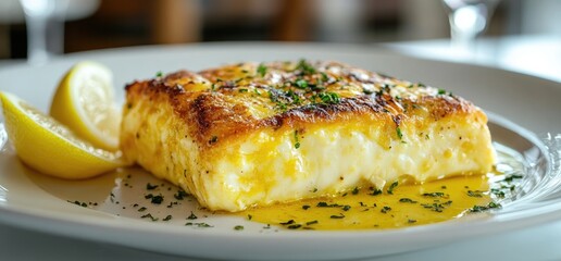 Baked cheese dish, lemon garnish, restaurant setting. Food photography