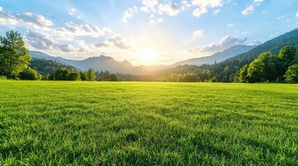 Obraz premium Sunset over grassy field, mountains background, idyllic landscape, nature photography