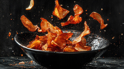 Crispy potato chips burst into the air with delicious seasoning in a bold culinary display at a cozy gathering