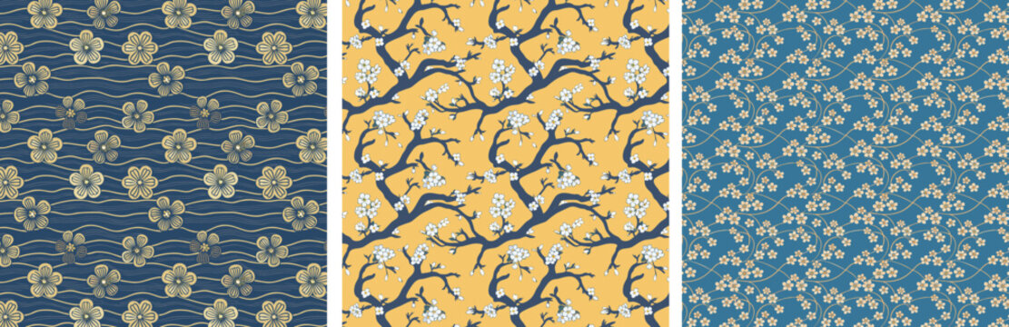 A refined Japanese-style floral pattern with cherry blossoms and fine-line waves, created in gold on a deep navy background. Ideal for elegant packaging and branding