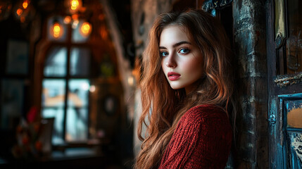 Fototapeta premium Captivating portrait of a young woman with flowing hair in a cozy coffee shop during the evening glow