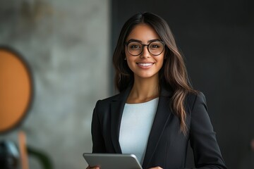 Portrait of beautiful successful hispanic young business woman with crossed arms smiling at camera.