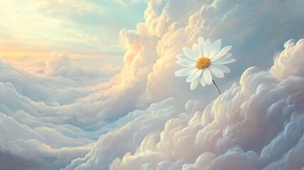 A Single Daisy Rising Through Fluffy Clouds