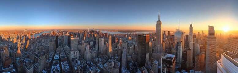 Manhattan sunset panorama Aerial city view, skyscrapers, golden hour