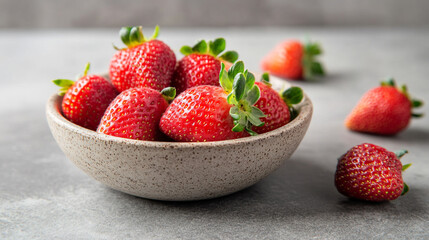Freshly harvested strawberries in a rustic bowl against a neutral backdrop highlighting their vibrant red color